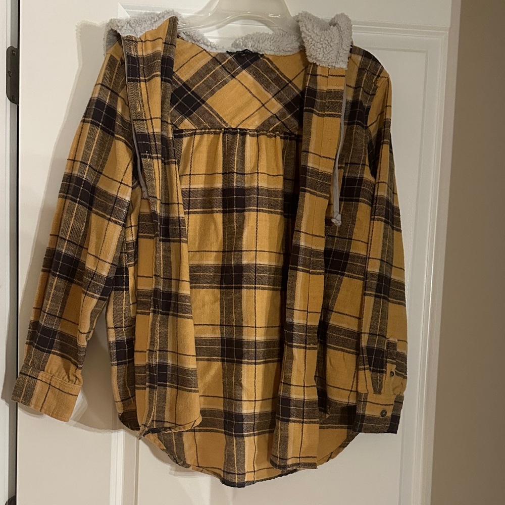 Love Tree Mustard and Black Plaid Hooded Top - Small - Lightly Used